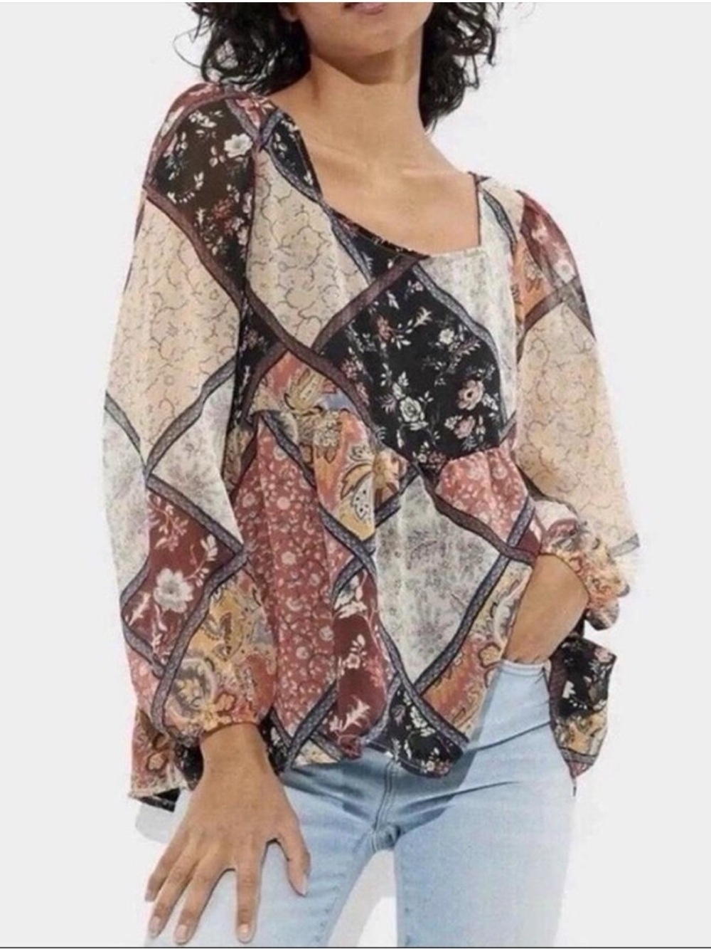 American Eagle Patchwork Babydoll Blouse Size XL Boho Southwest Festival Fall
